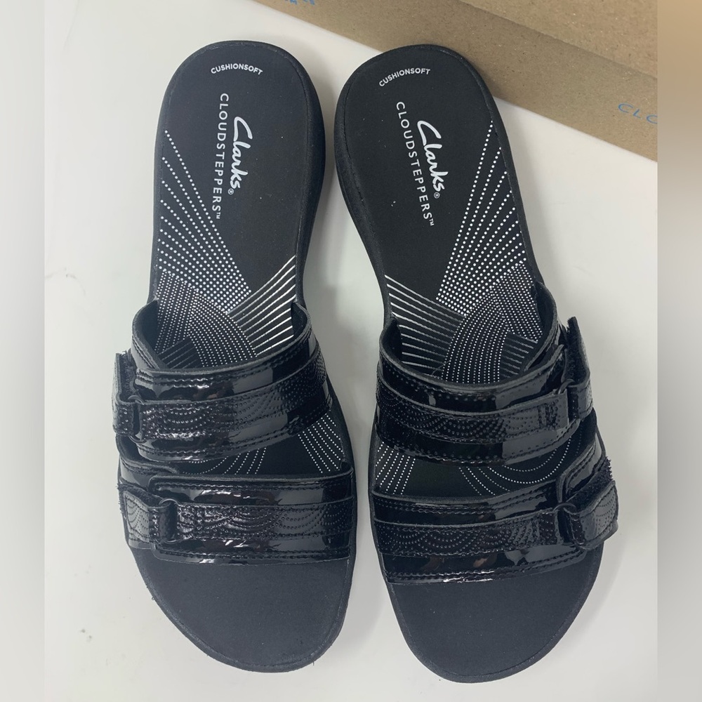 Clarks Black Patent Cloudsteppers Triple-Strap Slide Sandals